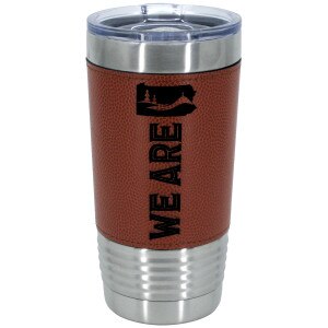 tumbler with We Are on leather wrap